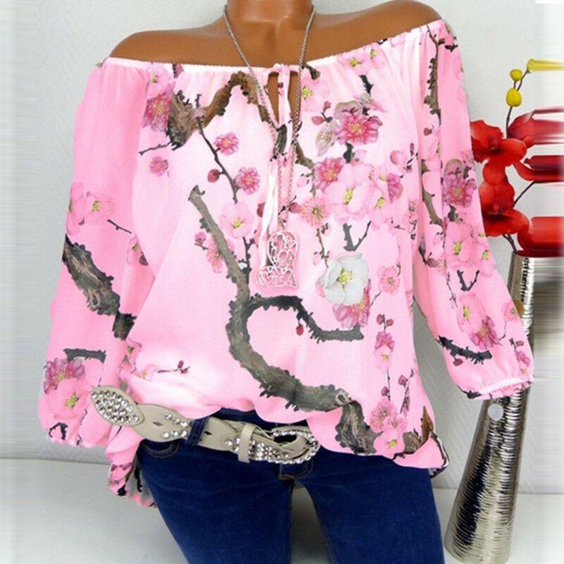 Off Women Shoulder Floral Tops Ladies Summer Loose T Shirt Blouse Plus Size