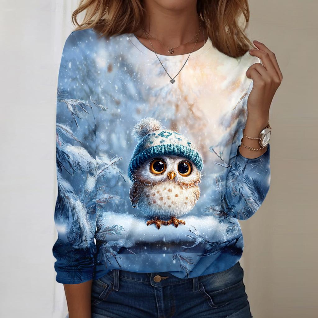 Women's Fashion Casual Long Sleeve Christmas Printed Round Neck Top