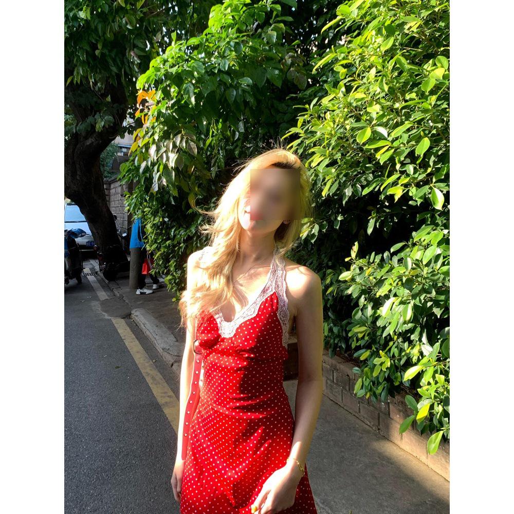 

French Lace Red Polka Dot Halter Sundress: Waist-Slimming & Figure-Flattering Spring Collection M (For 45-50kg)