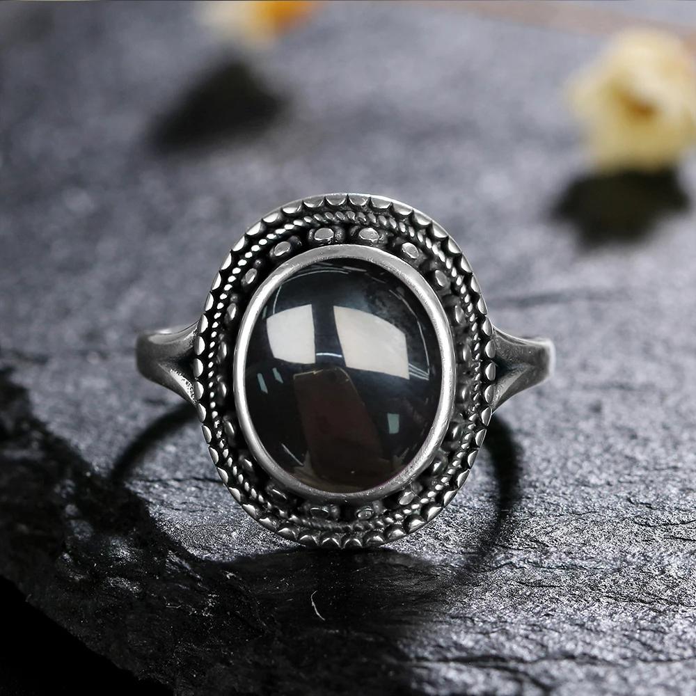 Vintage 925 Sterling Copper Ring Natural Black Onyx Ring Oval Round Stone Retro Fine Zircon Gift Sun Shaped For Women Men
