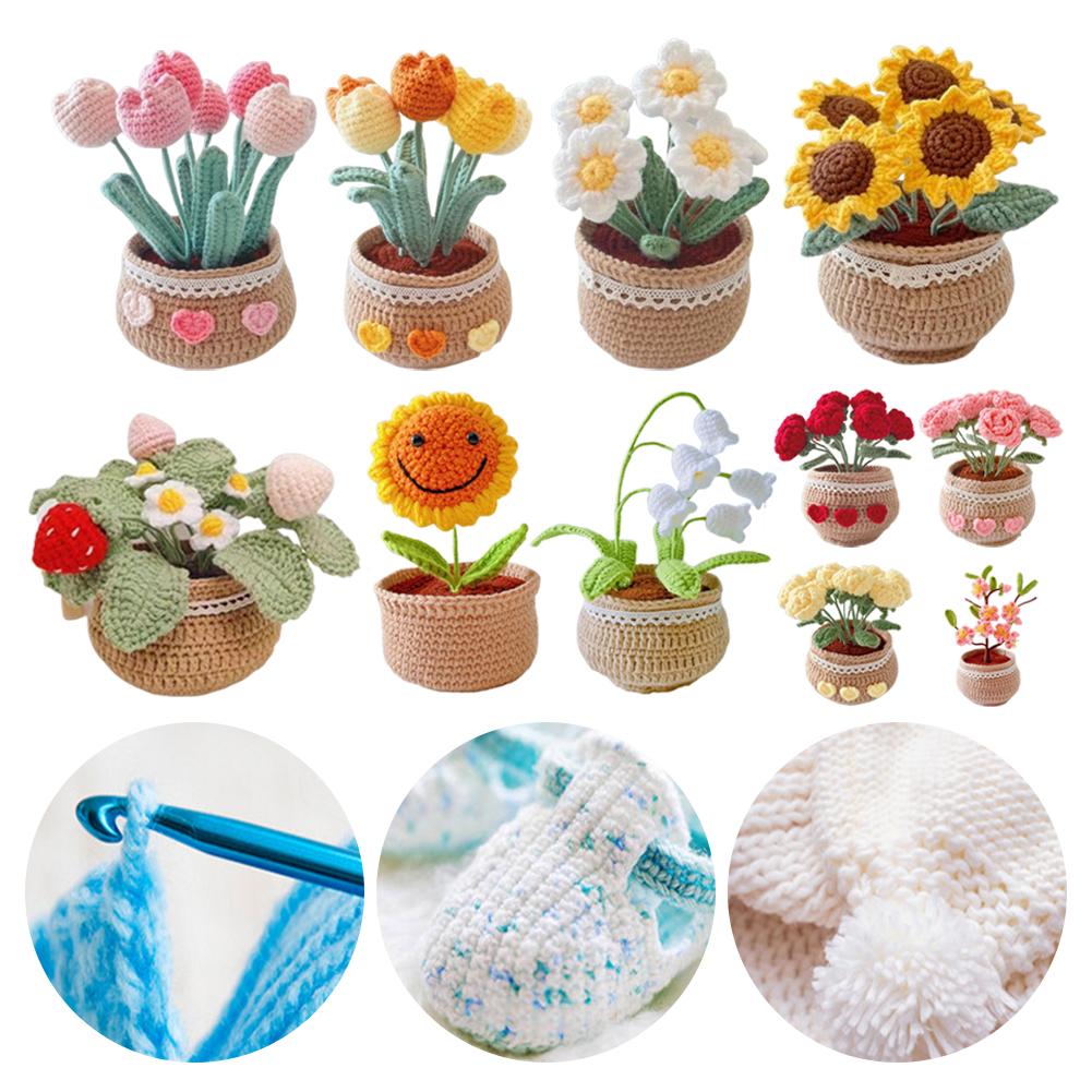 Kit Crochet Fiore in Vaso Fai da Te con Tutorial Video Strumento Crochet Piante Kit Maglia Intrecciato a Mano Resistente all'Usura per Amanti del Cucito e Artigianato