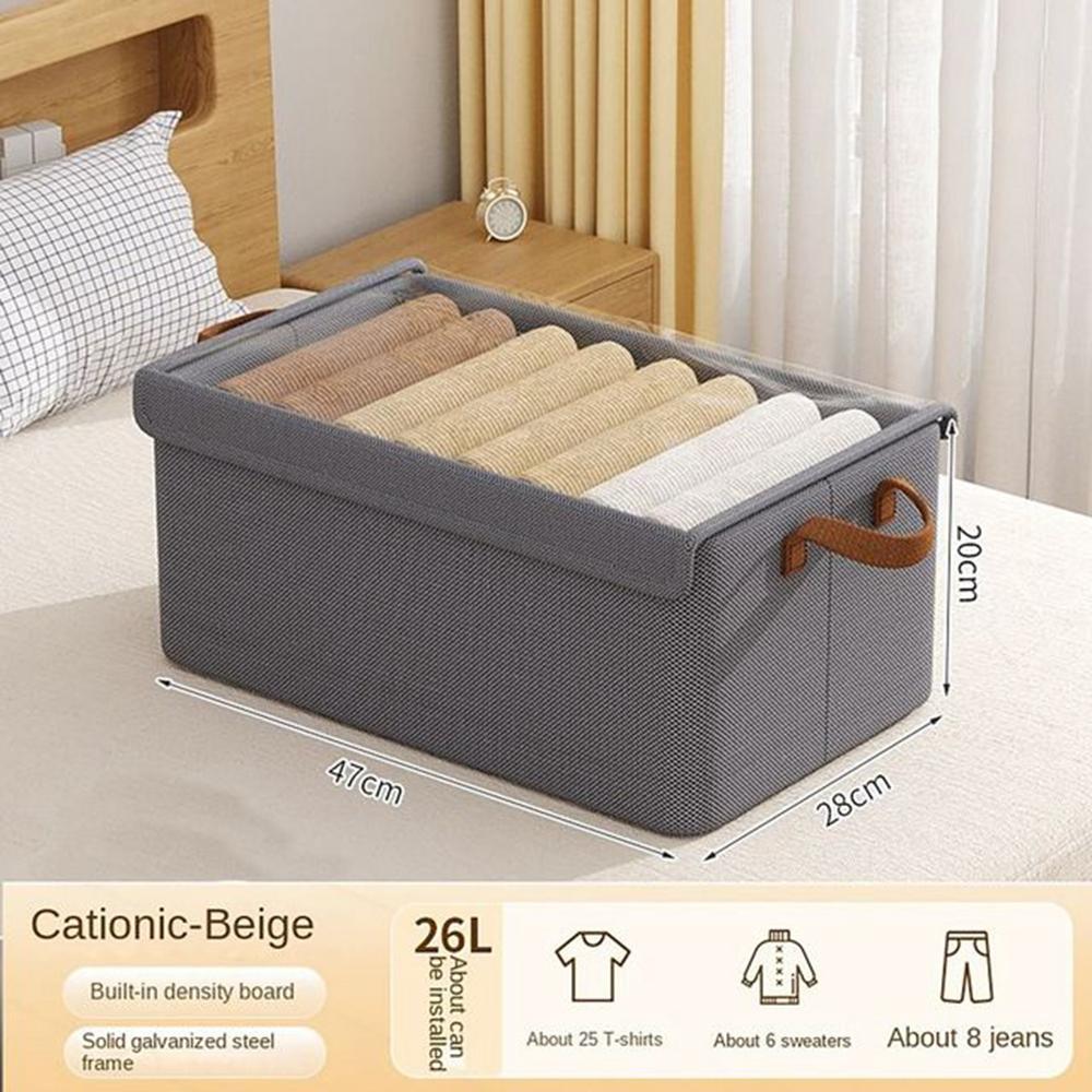 

Foldable Steel Frame Cationic Cloth Clothes Storage Box with Lid Closet Wardrobe Dustproof Organizer Grey