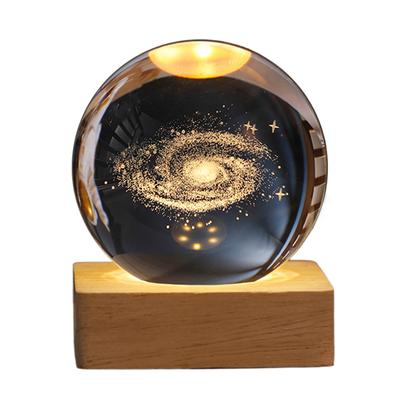 3D Engraved LED Crystal Ball Night Light with Wooden Base Lighted Crystal Ball Glass Ball Night Lamp for Desktop Art Decor