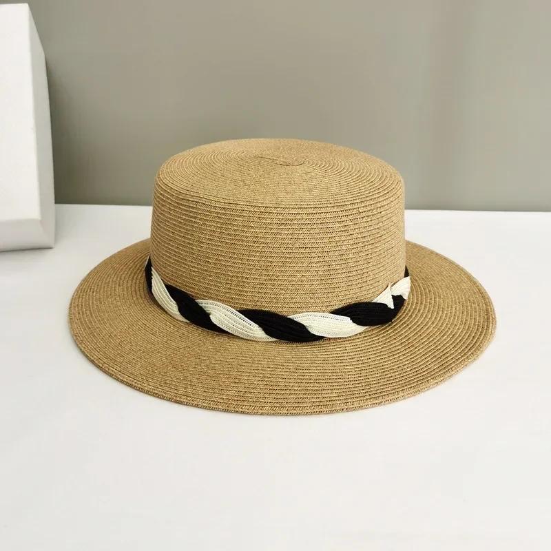 

2025 French Straw Sun Hat - Women s Elegant Wide Brim Flat Top for Beach & Travel, Spring Summer UV Protection 56-58cm