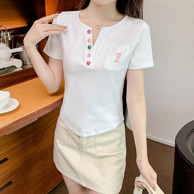 [40 Stück 1*1 Gewinde Baumwolle 260g] Große Größe Damenbekleidung dick mm geschwungener Saum Knopf Kurzarm T-Shirt Damen