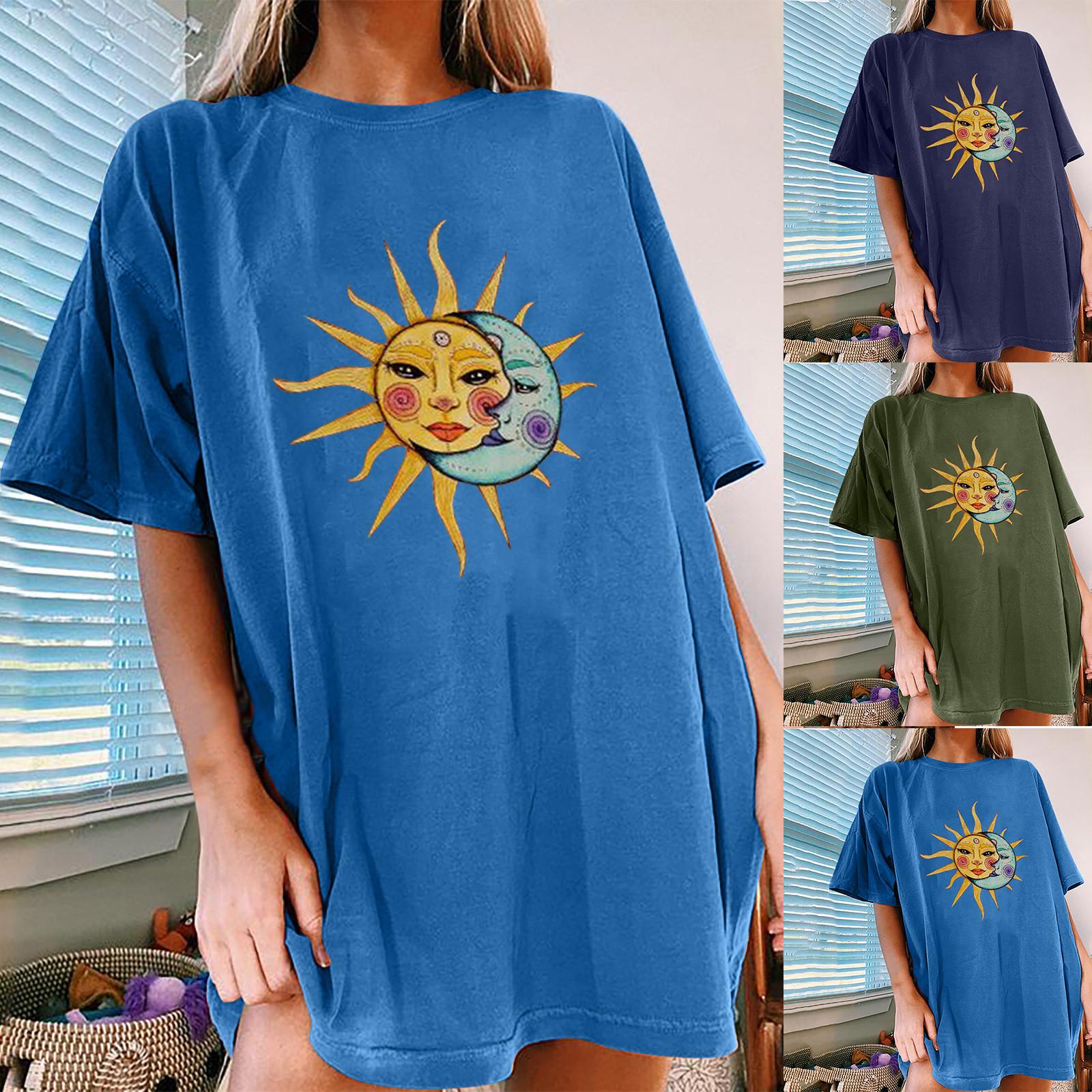 

Женская винтажная повседневная блузка с короткими рукавами и принтом Солнца и Луны