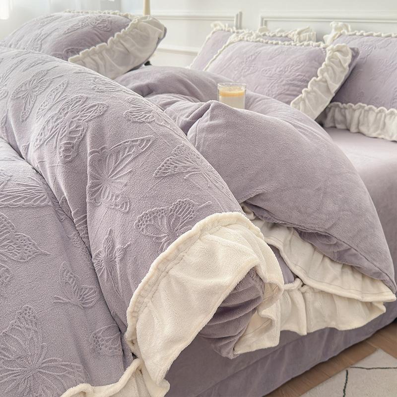 Double-Sided Thickened Milk Coral Fleece Bed Four-Piece Set Flannel Bedding Bed Skirt Fleece Sheet Quilt Cover