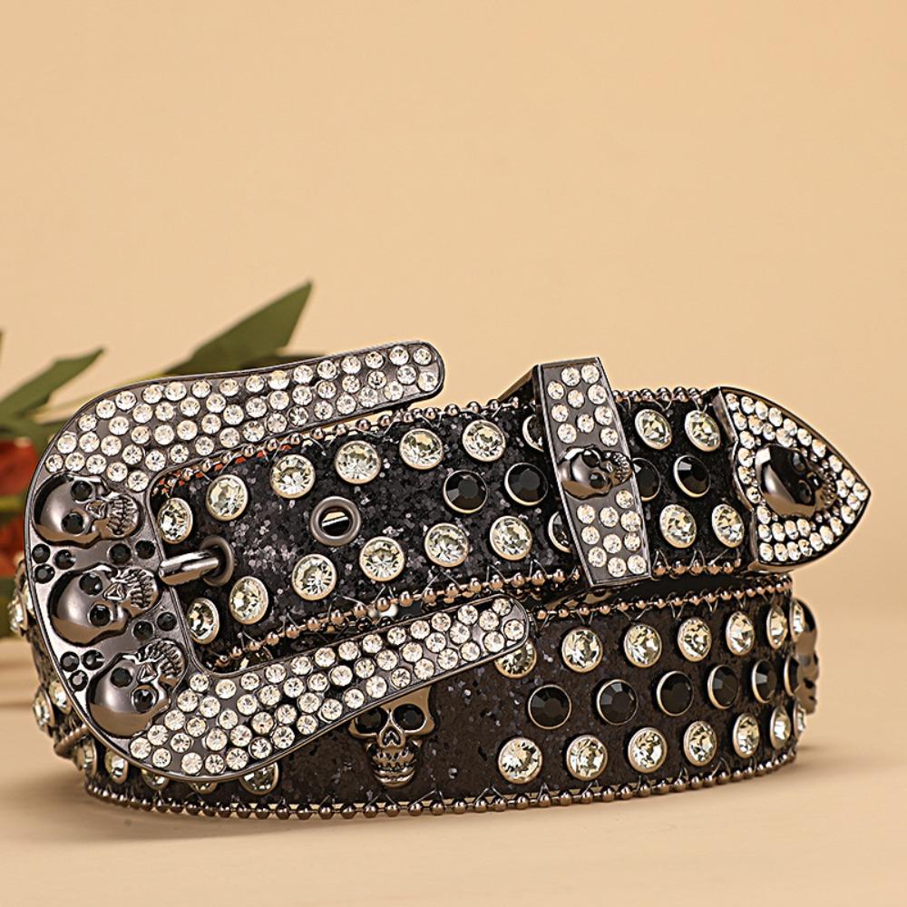 Skull Buckle Rhinestone Studded Belt Trendy Waistband  Jeans Short Skirt Women Men Accessories