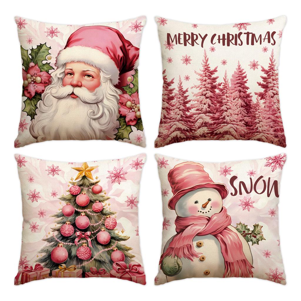 1 \ 4pcs Christmas Pillow Cover Snowman, Elderly, Printed Pattern Cushion Cover, Suitable for Room Living Room, (No Pillow Core)
