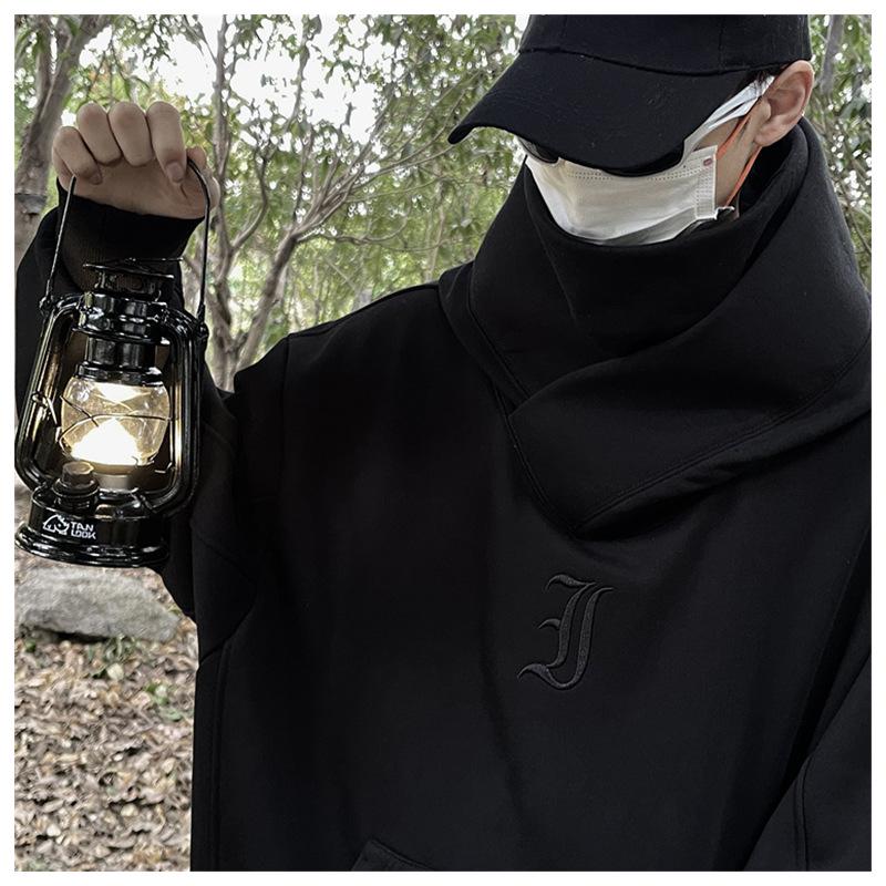 Men's High-Neck Embroidered Hoodie: Socially Anxious Ninja Style for Autumn/Winter