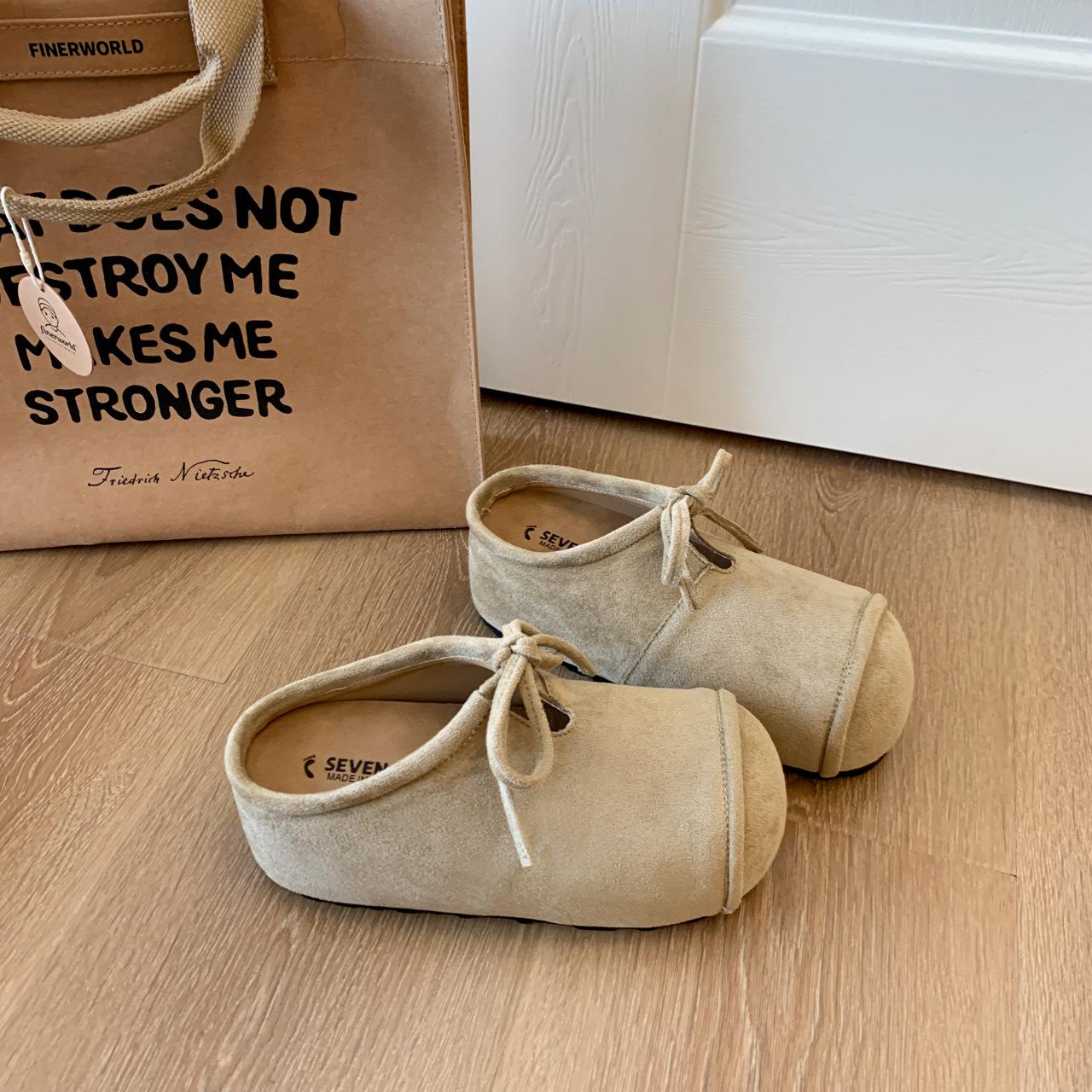 

Версия из коровьей кожи, большая голова, толстая подошва, открывающие стопу маленькие тапочки, осенние милые полушлепанцы, универсальная обувь 40 абрикосовый