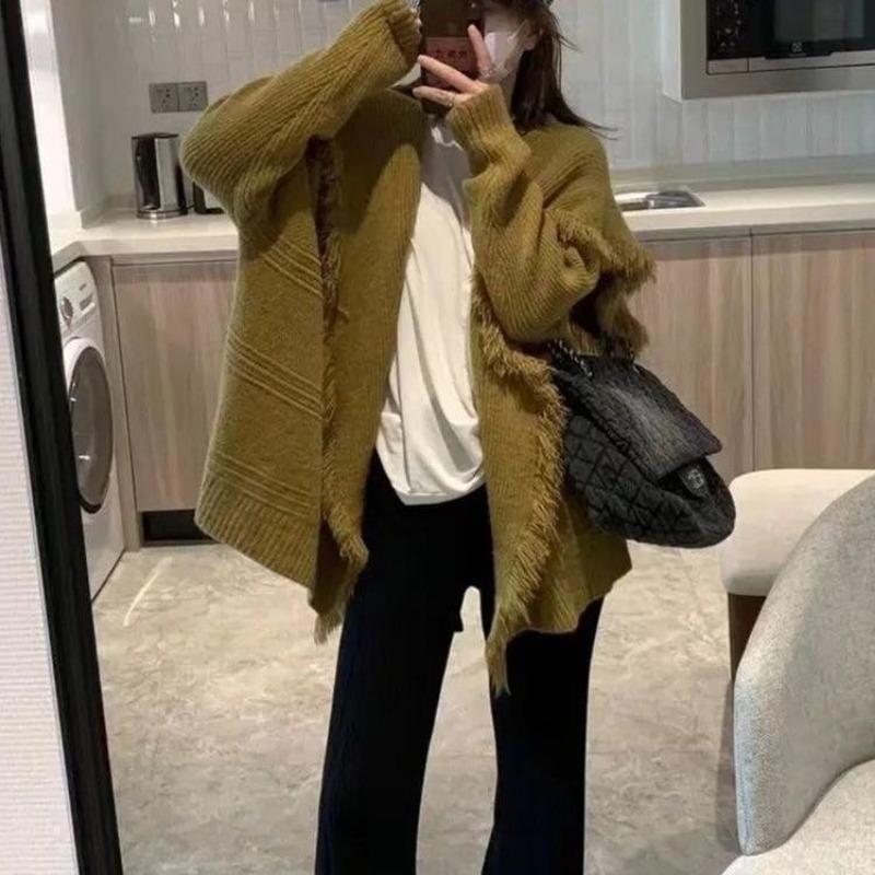 

Осенне-зимний свитер, шерстяной кардиган с вырезом поло, вязаный средней длины с кисточками, универсальный однотонный свитер, женский свободный кардиган, женский One Size имбирный/жёлтый