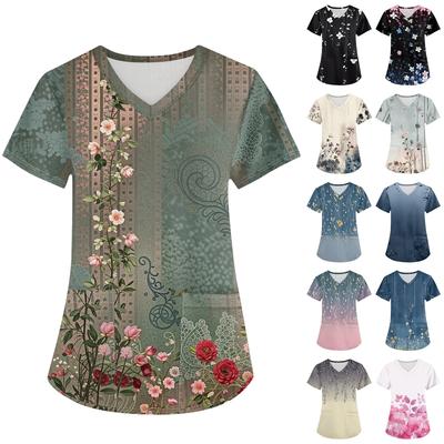 Women's Fashion V-neck Short Sleeve Workwear With Pockets Printed Tops