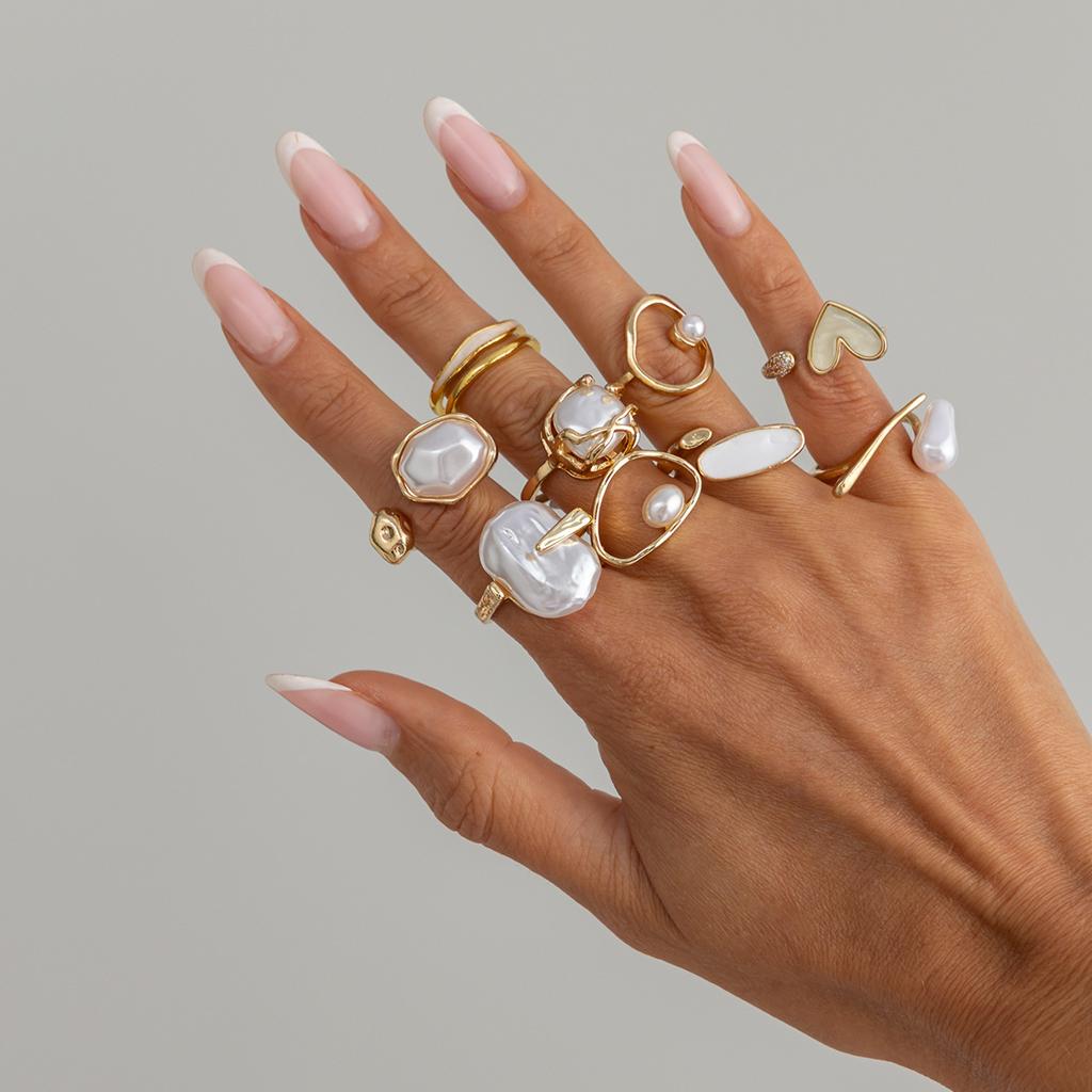 Trendy Irregular Baroque Pearl Ring Set – Geometric Hip-Hop Design, Light Luxury Statement Jewelry for Modern Women