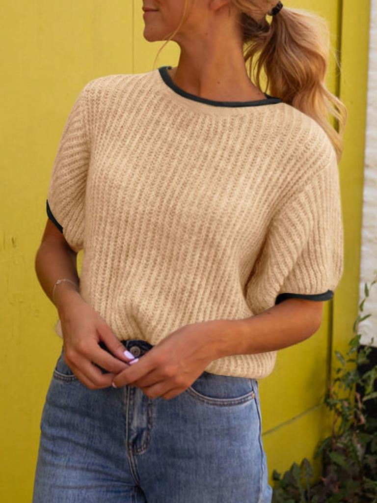 Women's Color Block Puff Sleeve Knit Sweater Crew Neck Ribbed Going Out Top