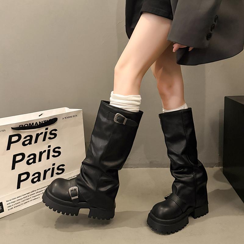 Mode Winter Punk Stil Damen Kniehohe Stiefel Mode Gürtelschnalle Plateau Höhe Erhöhung Lange Stiefeletten Zapatos De Mujer