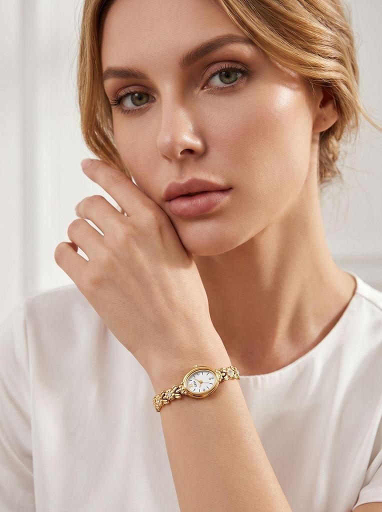 Gedi Damen Ovales Armbanduhr: Römische Ziffern & Diamant-Punkt-Zifferblatt, Blumiges Perlenarmband, Stahlband, Quarzwerk.