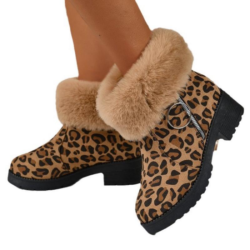 Winter New Large Size Leopard Print Short Boots European and American Round Head Lint Cotton Comfortable Flat Bottom Martin Boots