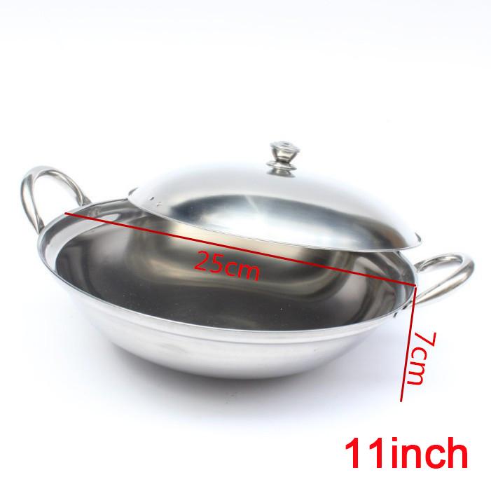 Stainless Steel Griddle Induction Frying Pan Cooking Thickened Dry Pot Wooden Individual Handle Kitchen Supply Double Ear