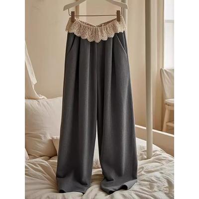 Women's Spring Summer Trendy Lace Trim High Waist Wide Leg Suit Pants Slimming Casual Straight Leg Floor-length Trousers