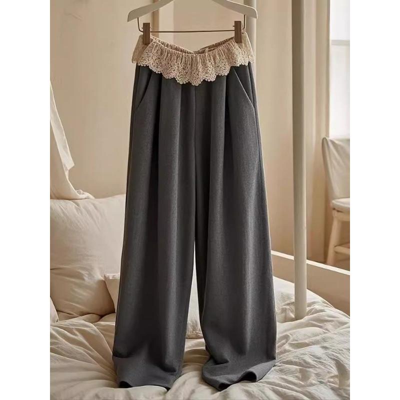 

Women s Spring Summer Trendy Lace Trim High Waist Wide Leg Suit Pants Slimming Casual Straight Leg Floor-length Trousers S сірий колір