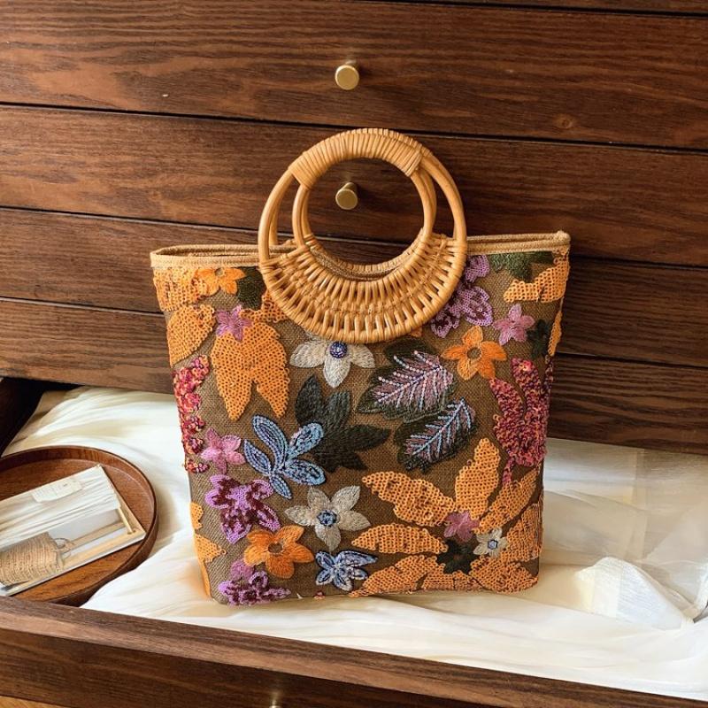 Ethnic Style Flower Embroidery Canvas Tote Bag Large Capacity Handbag For Women Top Handle Shopping Handbags
