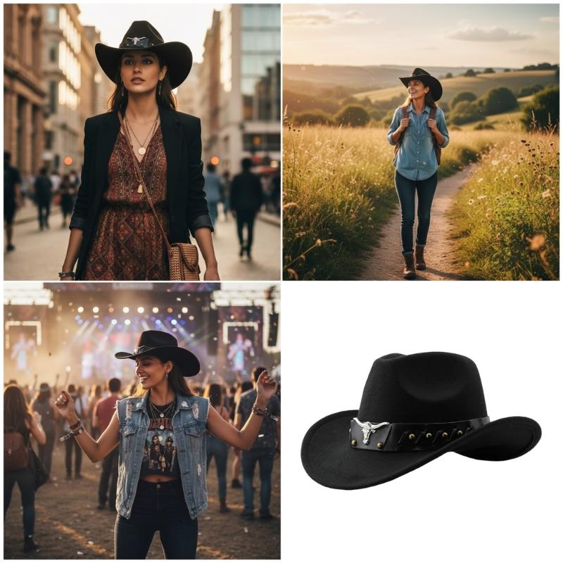 Stylish Cowboy Hats Adjustable Band Breathable Cloth Comfortable Fit Western Party Outdoor Festival Accessory
