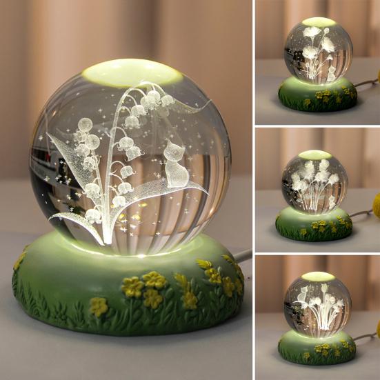Flower Faux Crystal Ball Night Light 3D Rose Tulip Carnation Blue Bellflower Cat Glass Ball Lamp with Base USB Powered Glowing Sphere Decoration