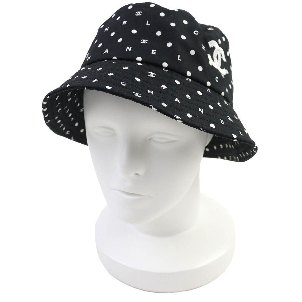 Excellent CHANEL hat COCO Mark embroidered logo bucket hat Black White cotton Women L Used