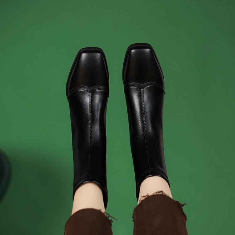 

Autumn and Winter Women s Fashion Boots Rubber Sole Large Size Leather Boots Low Heel Square Head Women s Boots Square Heel Back Zipper Medium Boots 39 чёрный