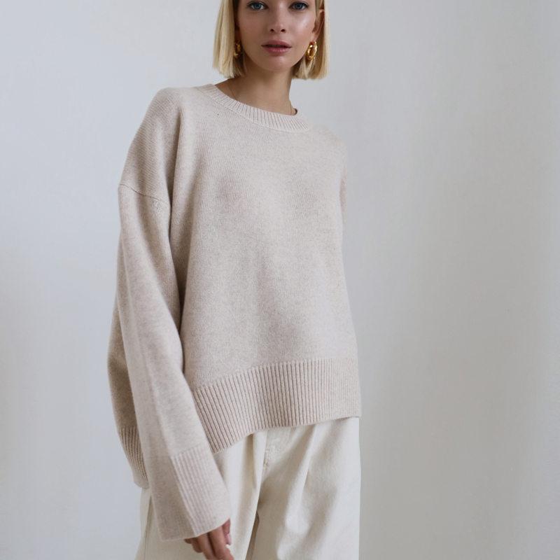 Women Autumn Winter Knit Crew Neck Long Sleeve Loose Solid Color Knitted Sweater
