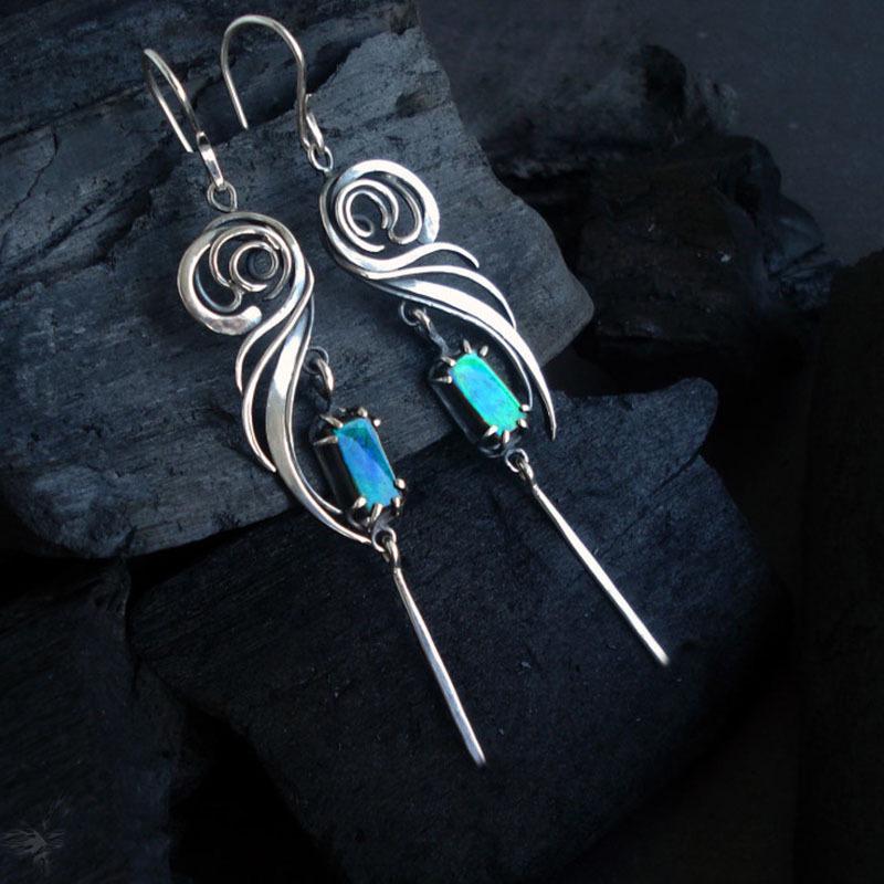 Blue-Green Square Zircon Geometric Metal Earrings - Handmade and Hollow Design