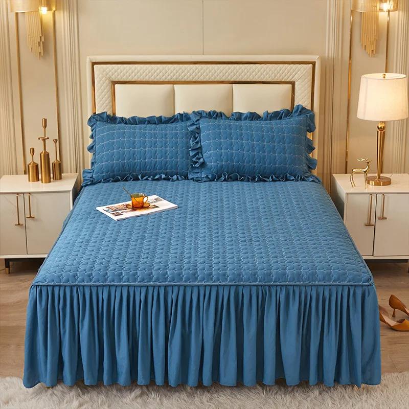 Solid Color Quilted Polyester Bed Sheet Bed Skirt Dual-use Bed Cover Simple Princess Style Kit Non-slip Dust-proof MattressCover