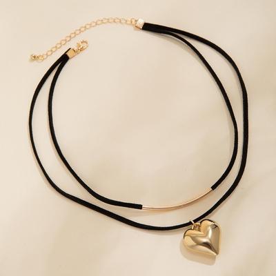 European-American Black Velvet Heart Necklace with Geometric Design