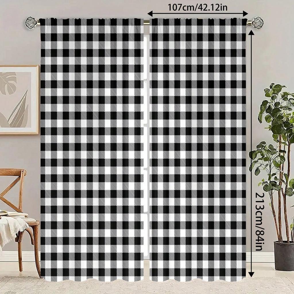 2 Pack Fashion Black and White Buffalo Plaid Printed Curtain   Geometric Artwork Design Modern Home Decor