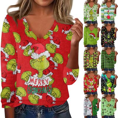 Women's Cute Sweatshirt Knitted Fashion Casual V-neck Long-sleeved  Cozy Print Top