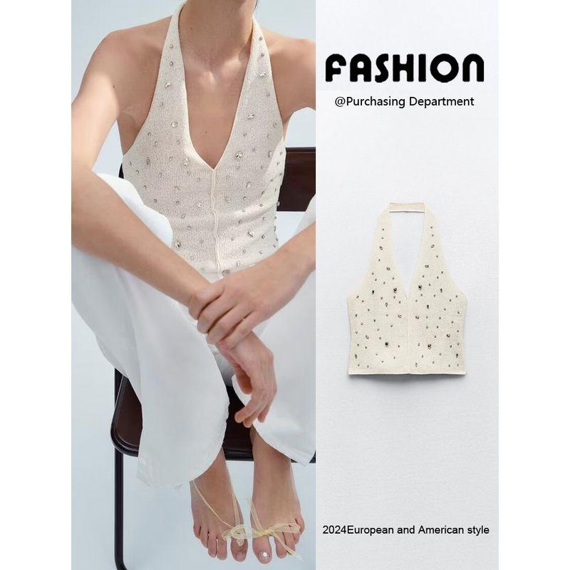 Za2024 Spring-Summer New Type Women's Clothing Sexy Midriff-Baring Jewelry Inlaid Hanging Collar Tops 1014316 712