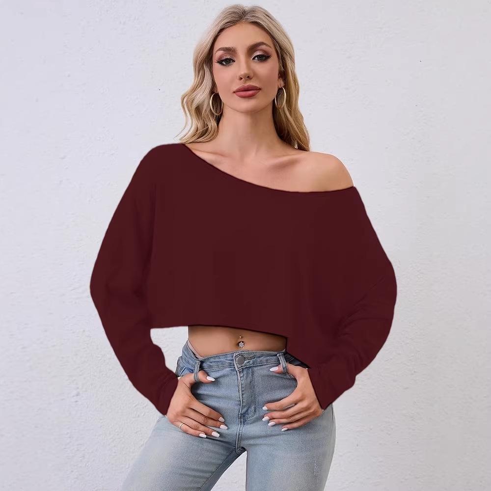 

Spring New Arrival Women s Solid Color Asymmetrical Off-the-Shoulder Loose Cropped Top Double Extra Large бордовий