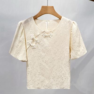 Chinese Style Button Lace Shirt for Women New Women's Round Neck Puff Sleeves Fashionable Shirt New Chinese Style Top