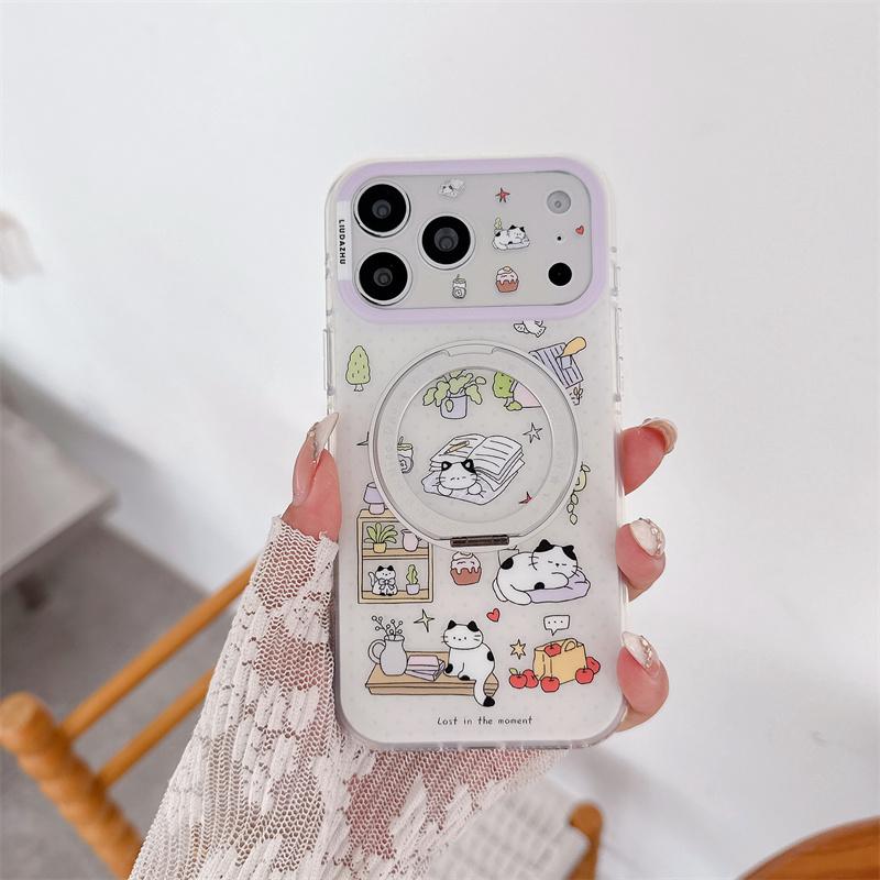 

Kawaii Cartoon Dog Cat Print Ring Holder Phone Case For iPhone 15 16 17 Pro Max INS Korean Style Large Window Shockproof Cover For iPhone 17ProMax