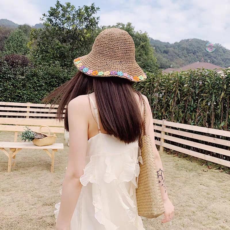 Women Summer New Hats Straw Women Sun Hat with Flowers Lady Summer Hat Wave Brim Bucket Cap Female Straw Hats Beach Panama