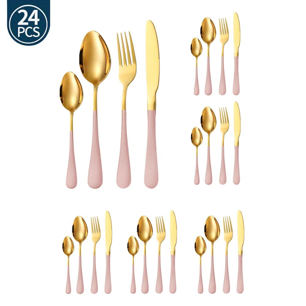 24Pcs Black Gold Western Dinnerware Set Stainless Steel Cutlery Set Fork Knife Spoon Tableware Set Flatware Set Silverware Set