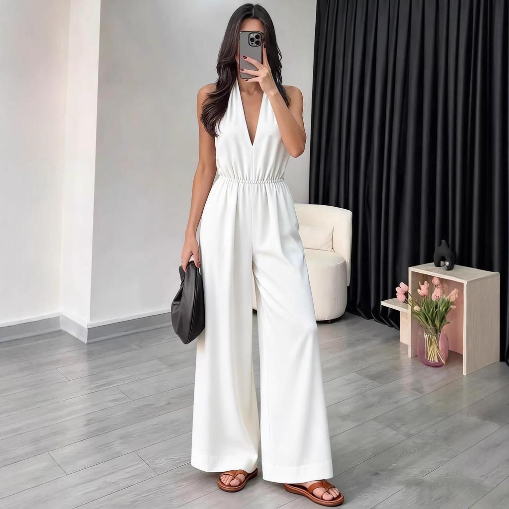 2026 Summer Women's V-neck Halter Jumpsuit: European & American Style, Chic French Fashion