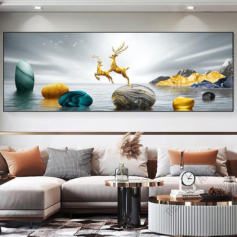 New Chinese Fengshui Golden Zen Stone Canvas Painting Wall Art Rich Tree Posters Gold Deer Prints for Living Room Home Decor