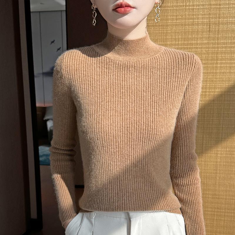 Women's Coffee High-Neck Sweater - Celebrity Style, Fall/Winter 2025, Slim Fit, Solid Color, Base Layer.