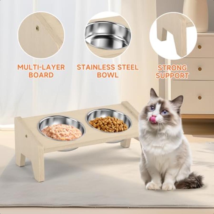 

Приподнятая миска для кошек 15 Наклонная деревянная подставка для мисок для кошек с 2 мисками из нержавеющей стали для еды и воды Подставка для мисок для еды для домашних кошек United States