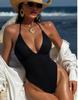 Women's Swimwear Fashion Sexy Black One-piece V-Neck Backless Bikini Beachwear