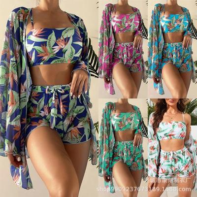 European and American Swimwear Women's Split Three-Piece Suit High Waist Long Sleeves Boxers Bikini