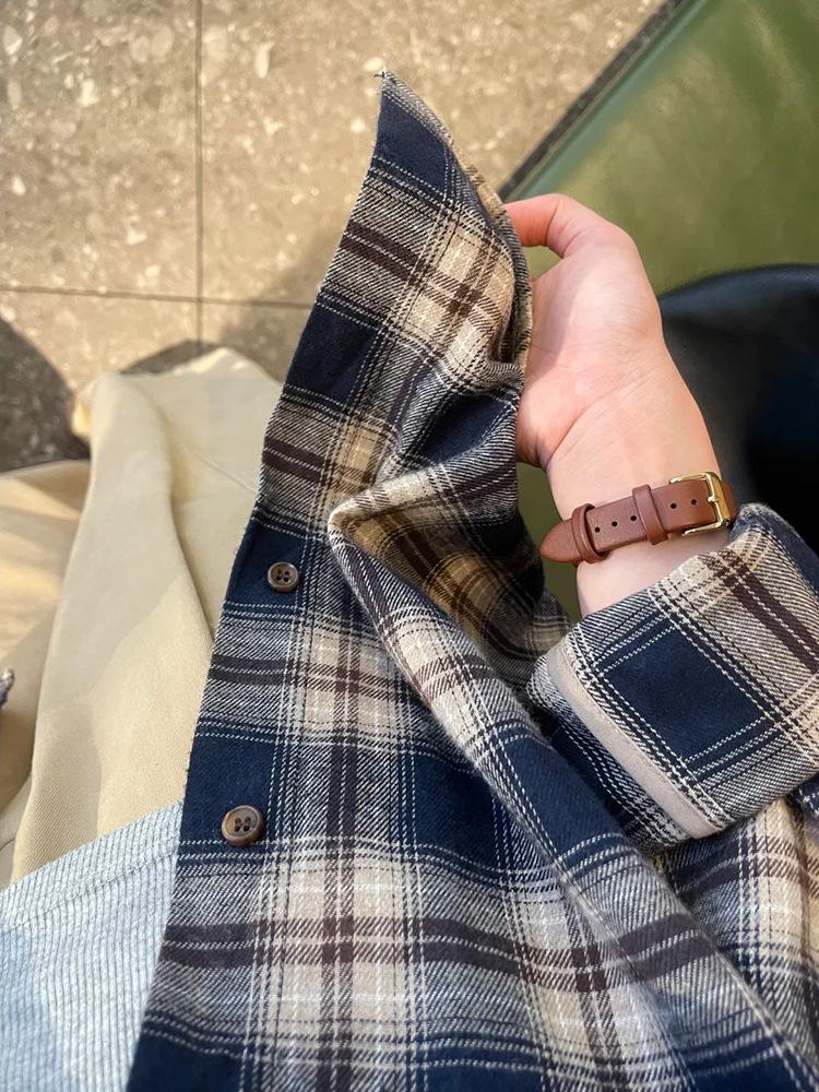 Women's Korean Retro Plaid Shirt Jacket - Dark Blue, Long Sleeve, Loose Fit for Autumn/Winter