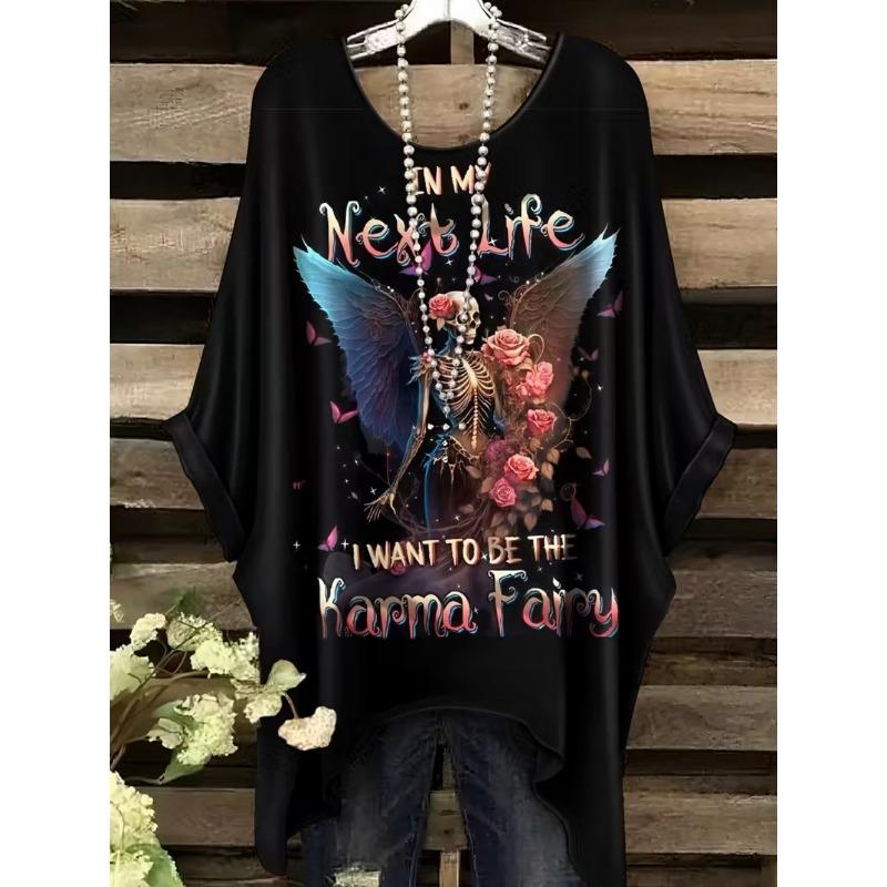 

Women s T-Shirt Gothic Style Bohemian Skull Print Loose Irregular Hemline O-Neck Short Sleeved Shirt Oversize Y2k 5XL